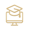 Online Schulungen golden Icon mit Monitor und College Hut