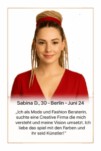 Testimonial Sabina D. - sie ist 30 hat blonde dreads, trägt ein rotes oberteilund im haar ein rotes tuch was die haare zusammen knotet